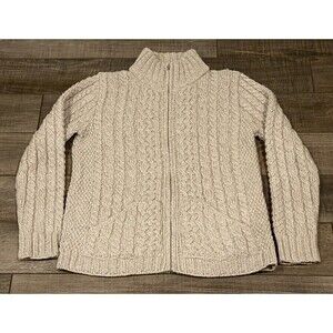 Inis Crafts Women Merino Wool Cable Knit Full Zip Cardigan Sweater Small Oatmeal